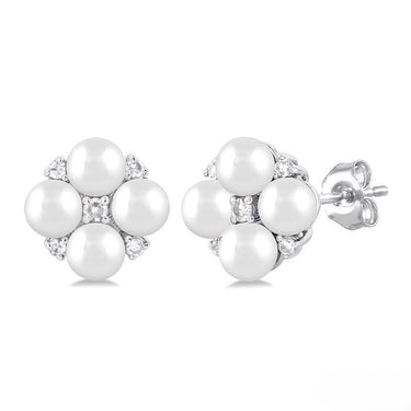 10Kt White Gold Floral Stud Earrings with 3mm Cultured Pearls and Natural Diamond Accents