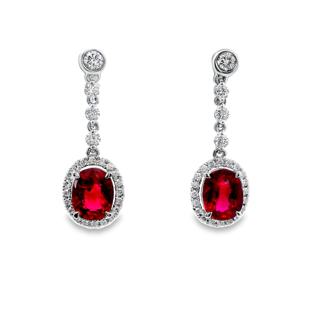 18Kt White Gold Dangle Earrings with 22.06cttw Oval Rubies and 48.43cttw Natural Diamonds (Color G-H, Clarity SI1)