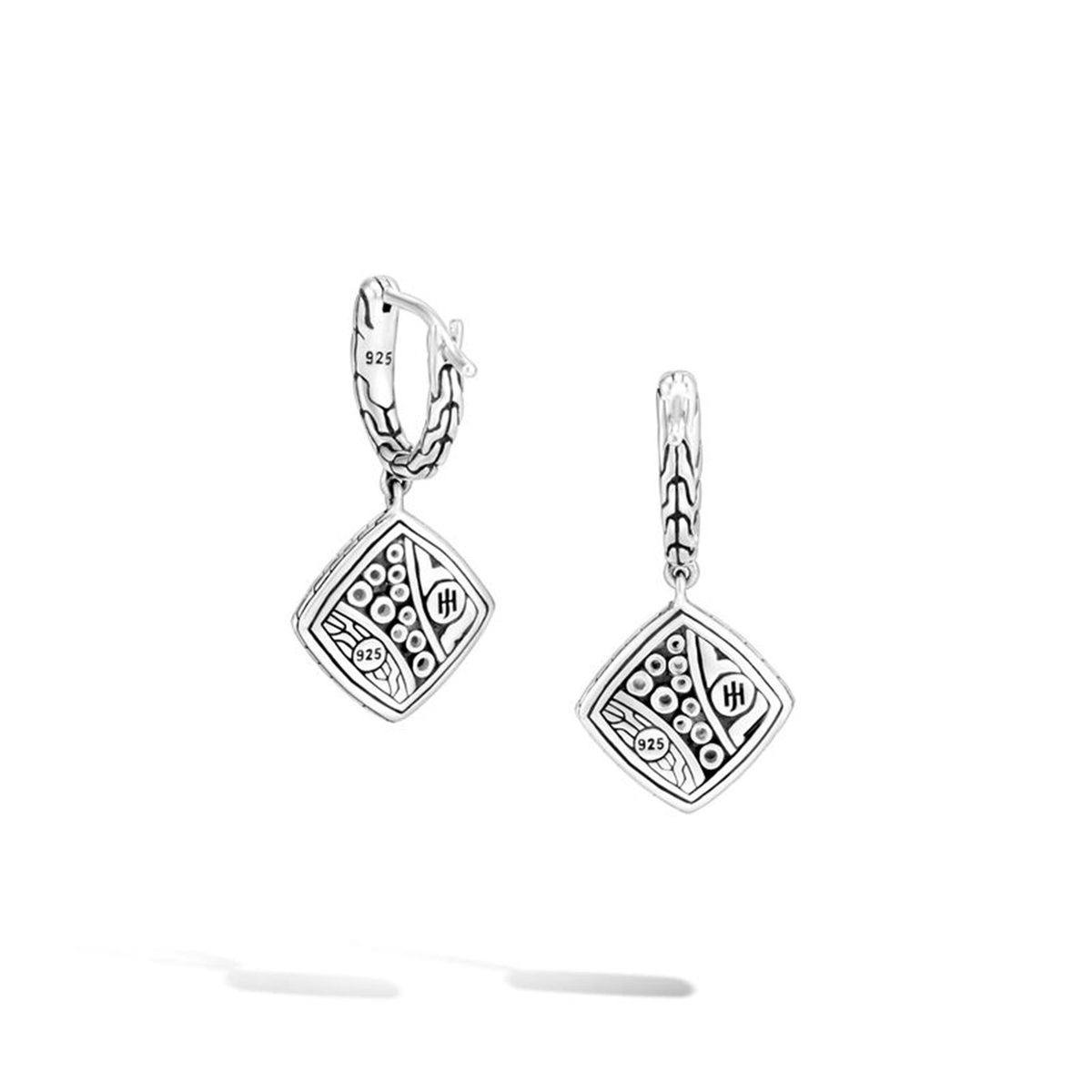 John Hardy Silver Carved Chain Drop Earrings with Black Spinel  Treated Black Sapphire Pavé