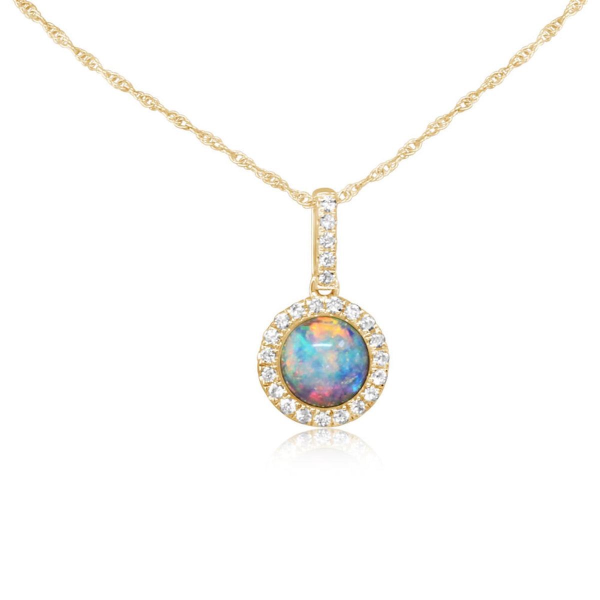 14Kt Yellow Gold Halo Pendant With Australian Opal and Natural Diamonds