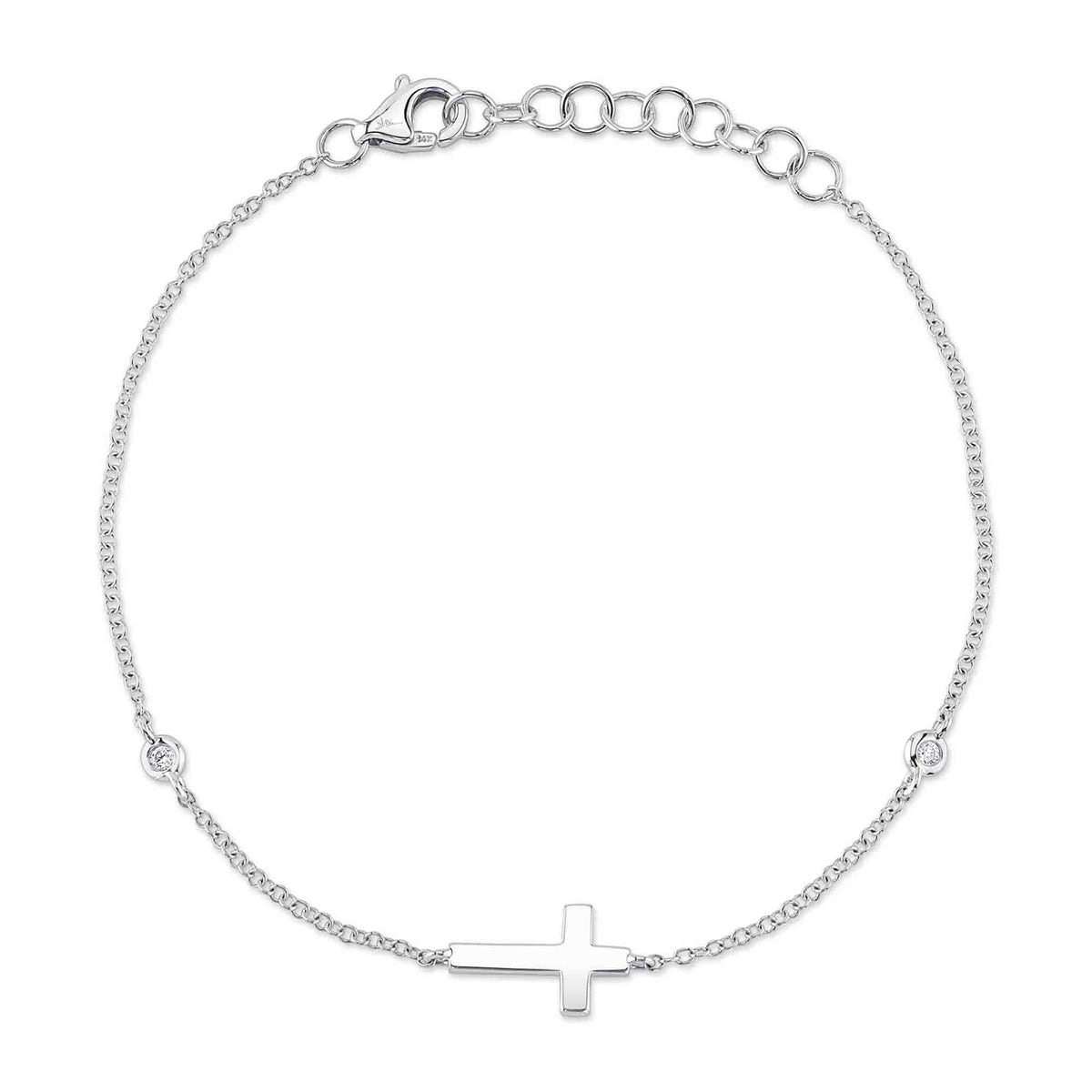 Shy Creation 14Kt White Gold Cable Link Cross Bracelet With  Natural Diamonds