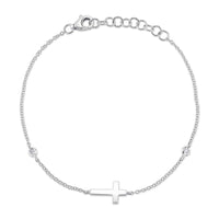 Shy Creation 14Kt White Gold Cable Link Cross Bracelet With  Natural Diamonds