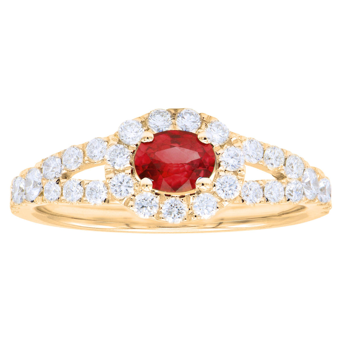 14Kt Yellow Gold Halo Gemstone Ring With 0.46ct Ruby