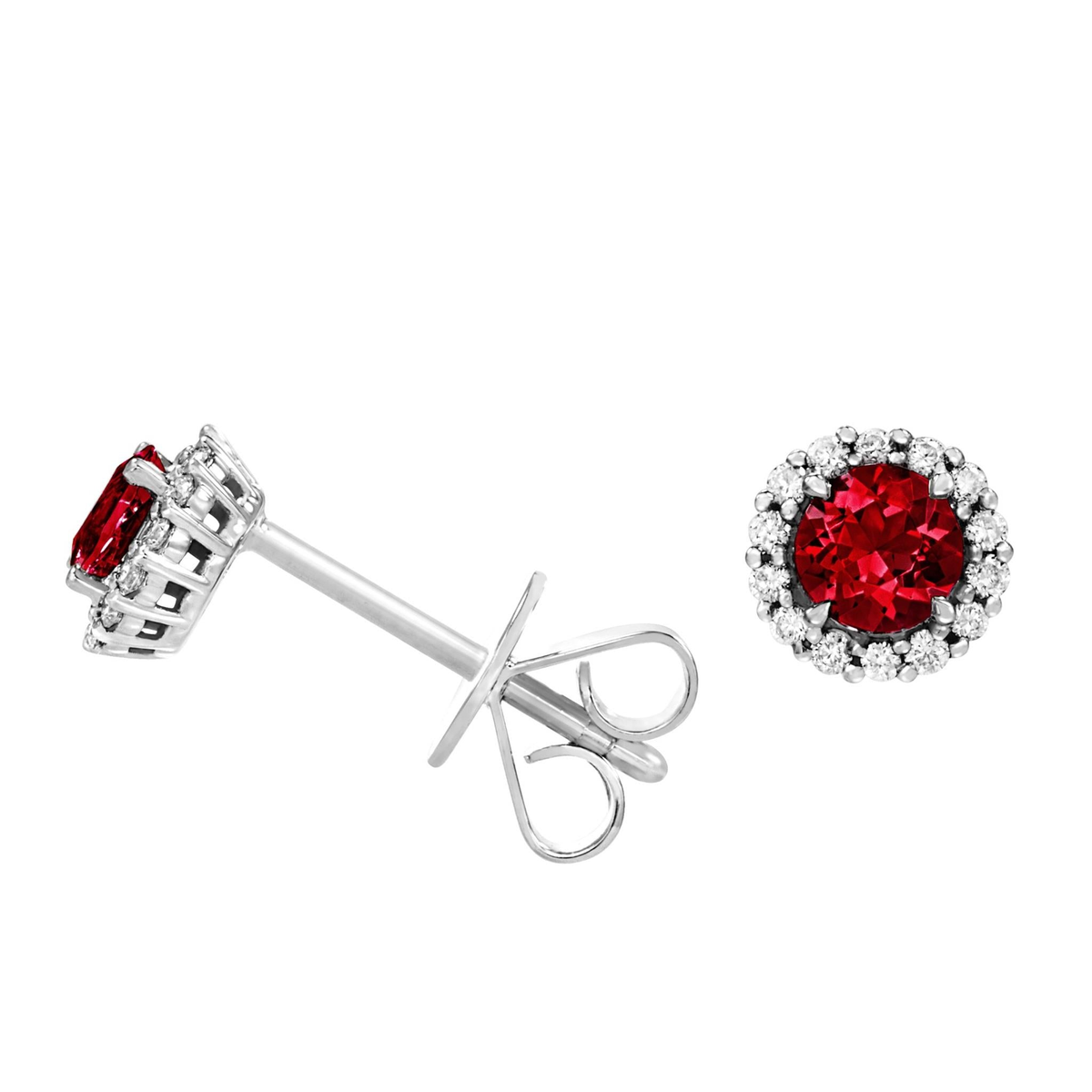 18Kt White Gold Halo Stud Earrings with 2.67cttw Round Ruby  .13cttw Natural Diamonds Color: G-H Clarity: SI1