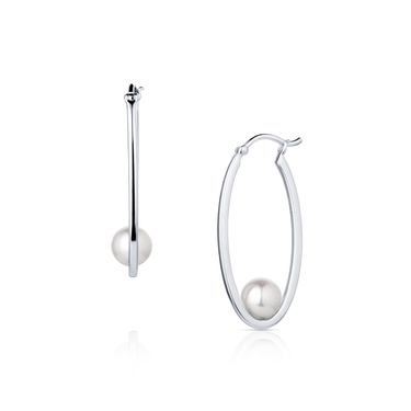 14Kt White Gold Oval Hoop Earrings with 5-6mm Akoya Cultured Pearl