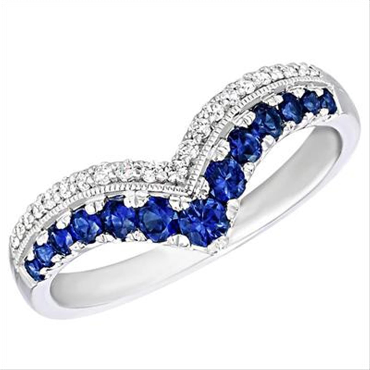 18Kt White Gold Chevron Blue Sapphire  Diamond Band