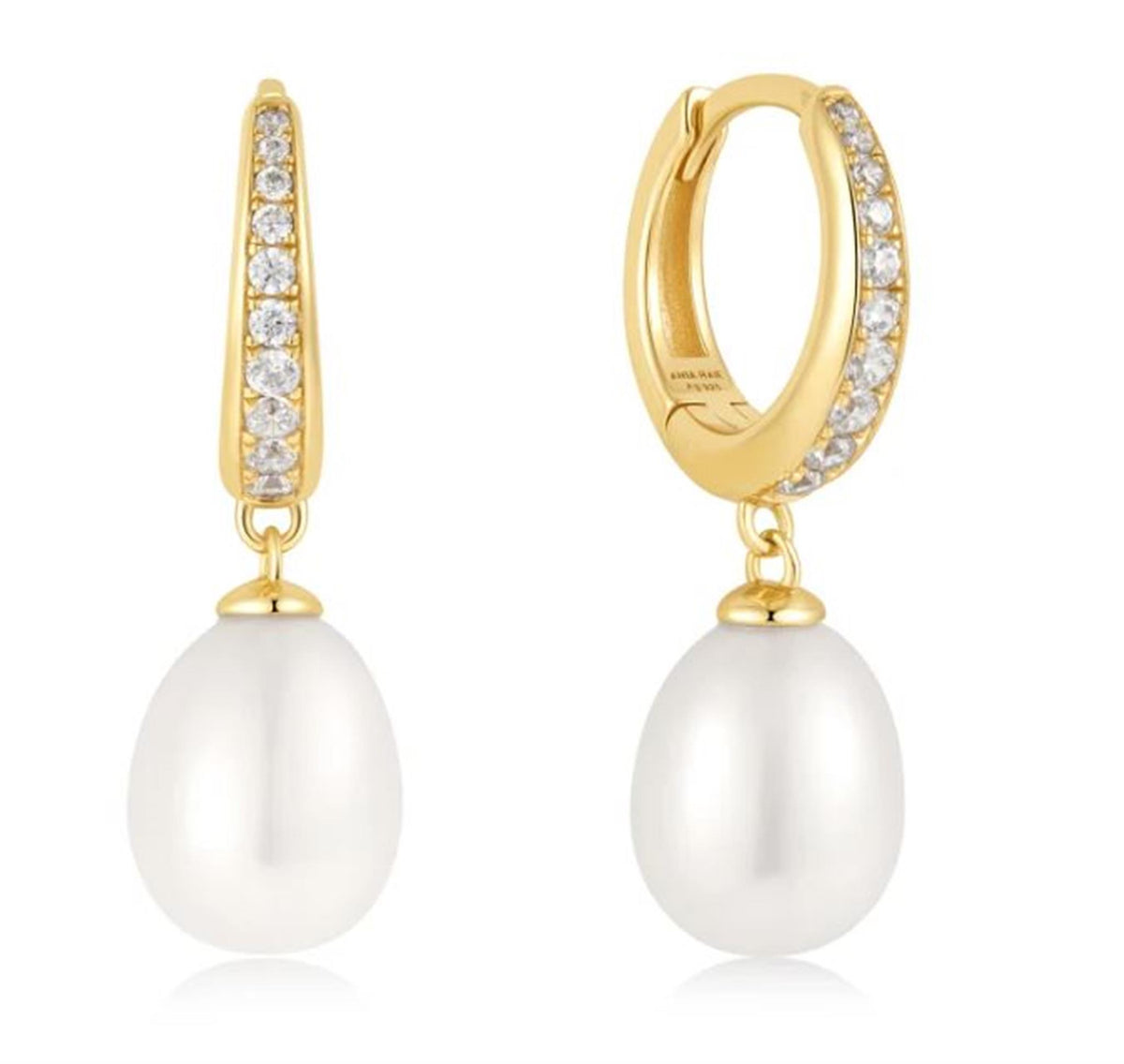 Ania Haie Freshwater Pearl and Cubic Zirconia Pave Huggies Drop Earrings in 14Kt Yellow Gold Overlay