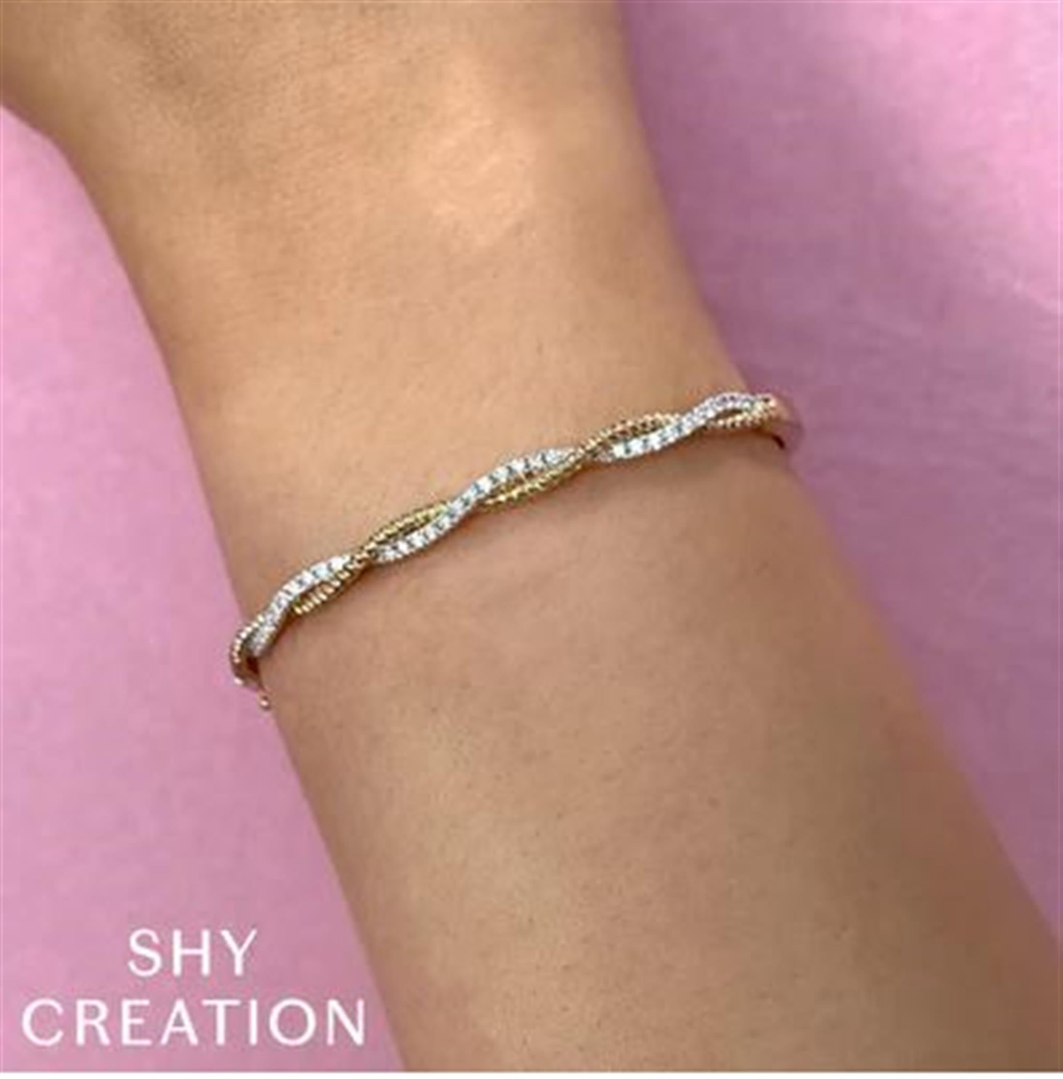 Shy Creation 14Kt Yellow Gold Bangle Bracelet with Alternating Rope and Natural Diamonds