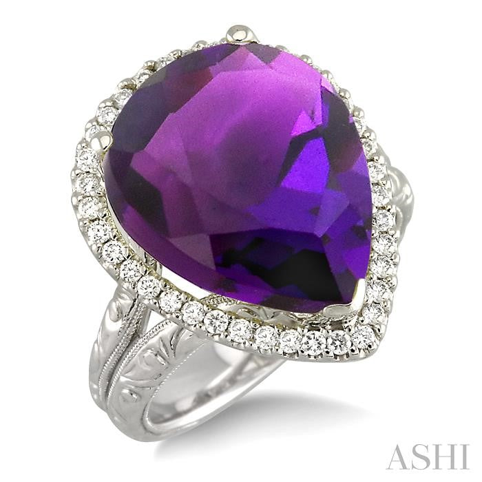 14KT White Gold Pear Amethyst Ring with .35CTTW Diamond Halo