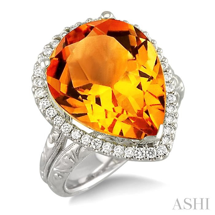 14KT White Gold Pear Citrine Ring Halo with .35CTTW Diamond