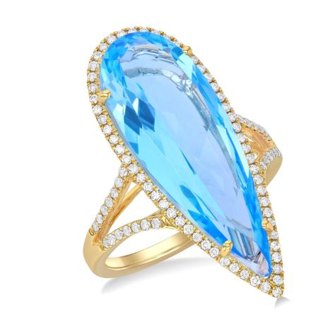 14Kt Yellow Gold Halo Ring with 26x9mm Pear Shaped Blue Topaz