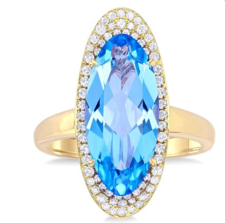 14Kt Yellow Gold Halo Ring with 18x8mm Oval Blue Topaz