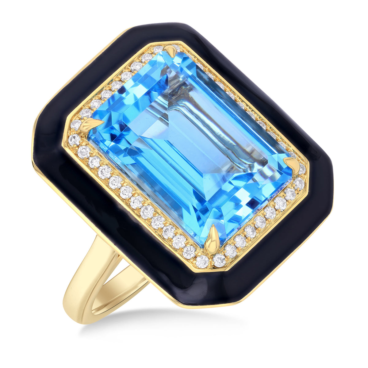 14Kt Yellow Gold Halo Ring with 14x10mm Emerald Cut Blue Topaz