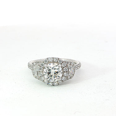 Shy Creation 18K White Gold 2.50cttw 3-Stone Halo Ring with 1.20ct Center Round Diamond