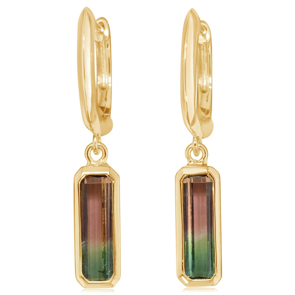 14Kt Yellow Gold Dangle Earrings with 21.30cttw  Bi-Color Tourmaline (10x5mm) Set in Half Bezel