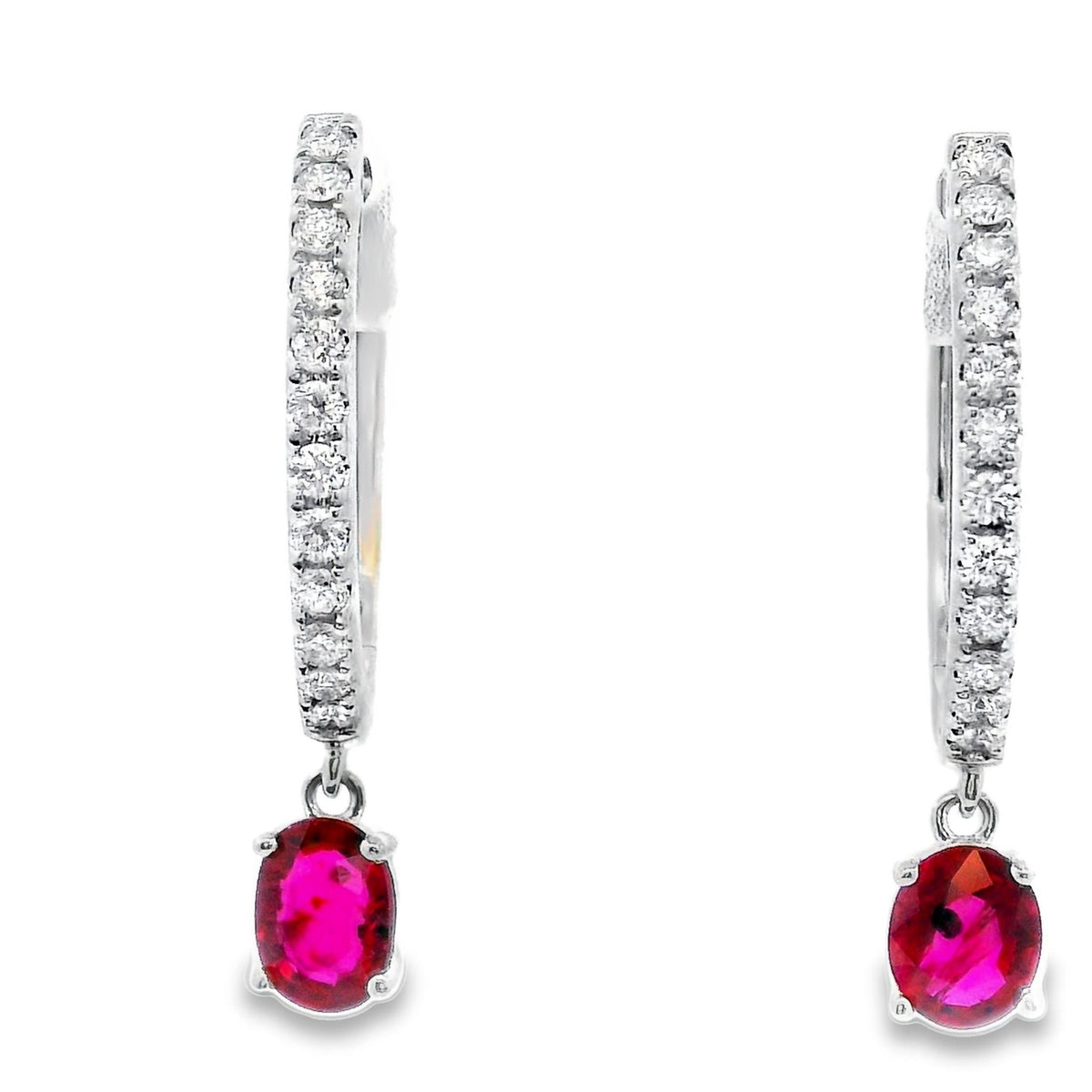 14Kt White Gold Oval Hoop Earrings with Rubies and Diamonds