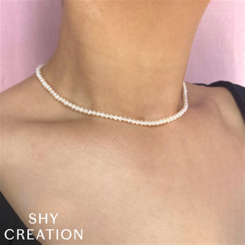 Shy Creation 3x3.5mm Cultured Freshwater Pearl  Necklace with 14K White Gold Link Extender