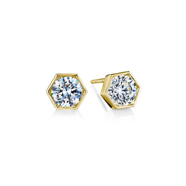 18Kt Yellow Gold Hexagon Shape Stud Earrings with 2 Round Natural Diamonds Totaling .61cttw