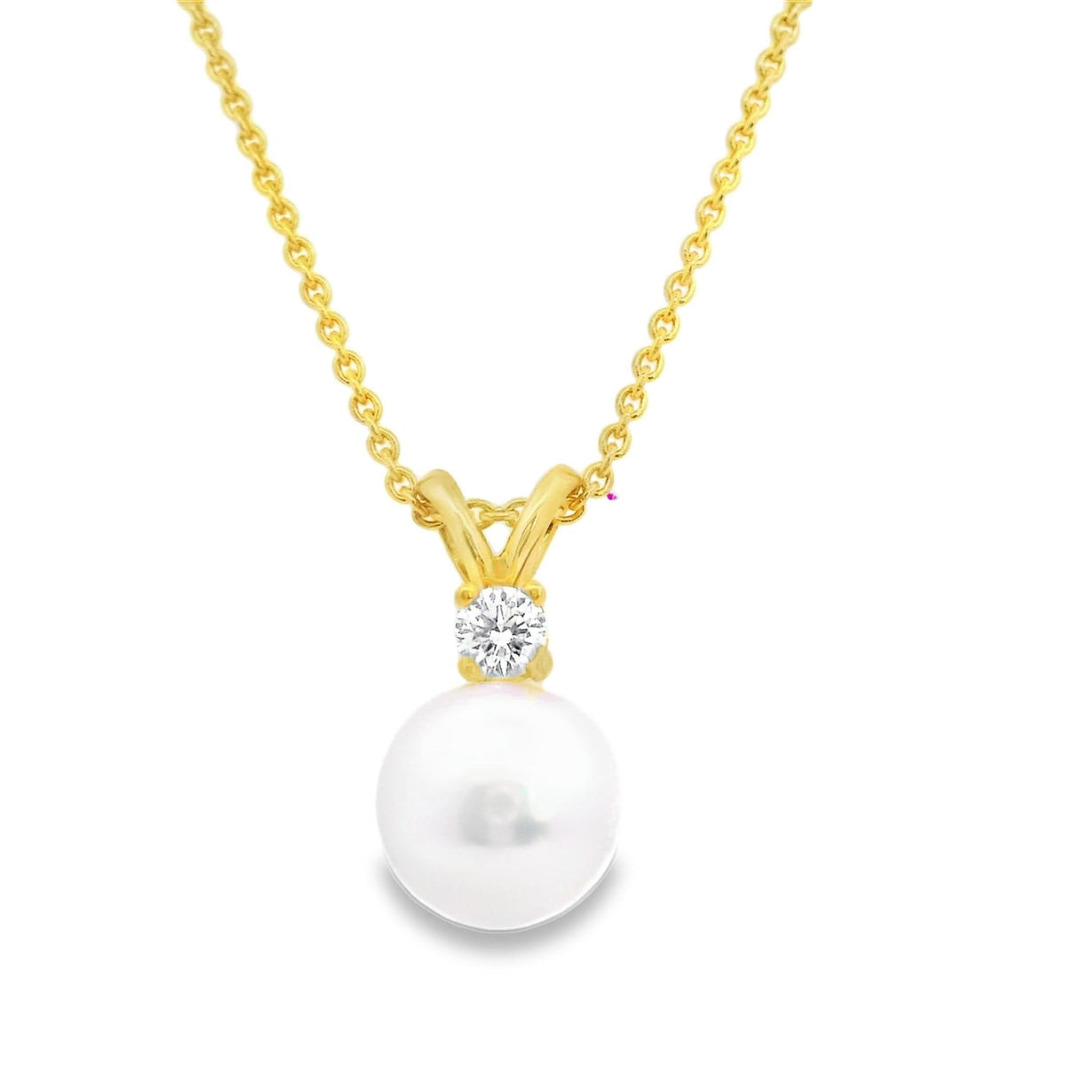 18Kt Yellow Gold 7.5-8mm Japanese Akoya Cultured Pearl Pendant with .10Ct Natural Diamond