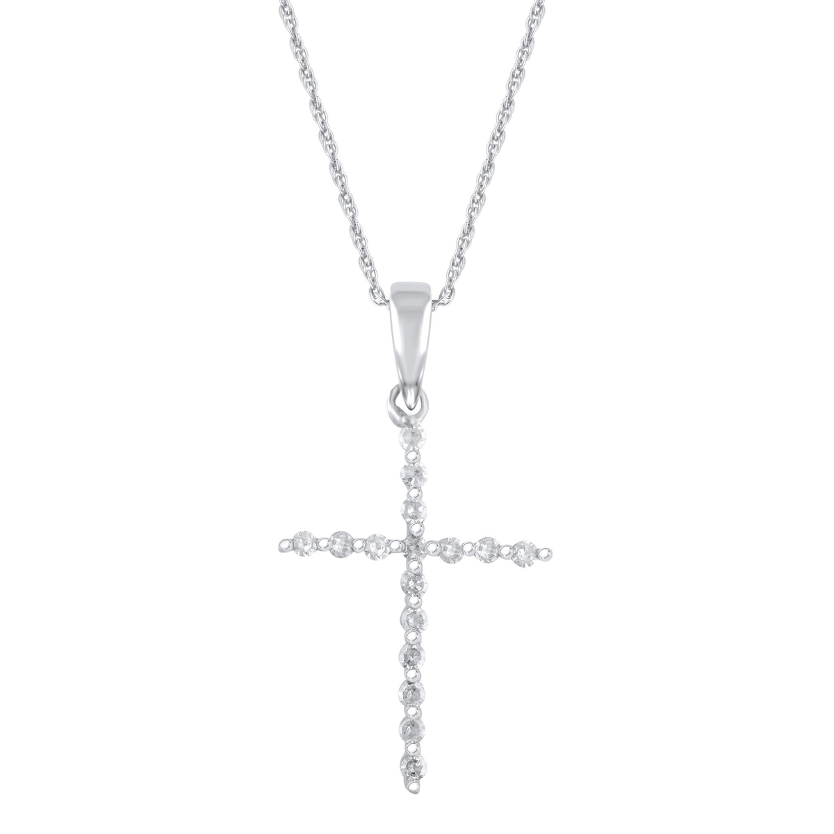 14Kt White Gold Cross Pendant with .10tw Round Diamonds on 18" Cable Chain