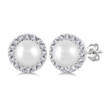 10Kt White Gold Akoya Cultured Pearl & Diamond Halo Earrings