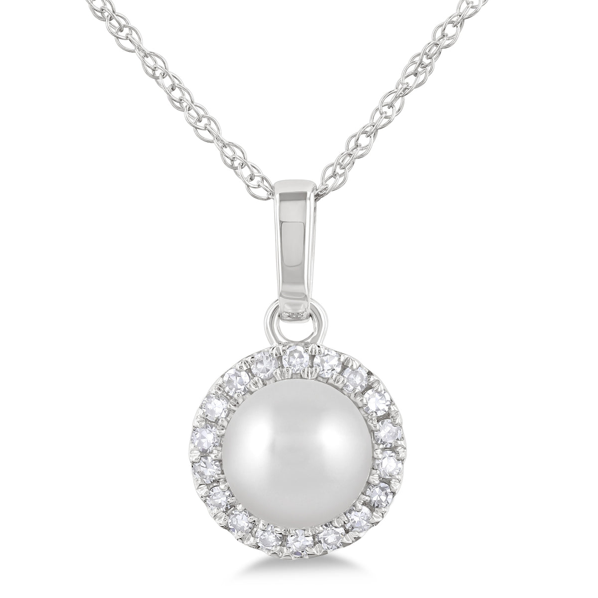 10Kt White Gold Center Of My World Pearl & Diamond Halo Pendant