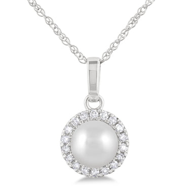 10Kt White Gold Halo Birthstone Pendant with 5mm Freshwater Pearl and .07cttw Natural Diamonds