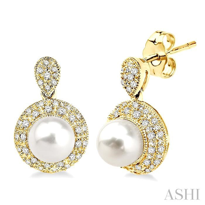 10KT Yellow Gold Pearl EArrings with .35CTTW Diamond Double Halo