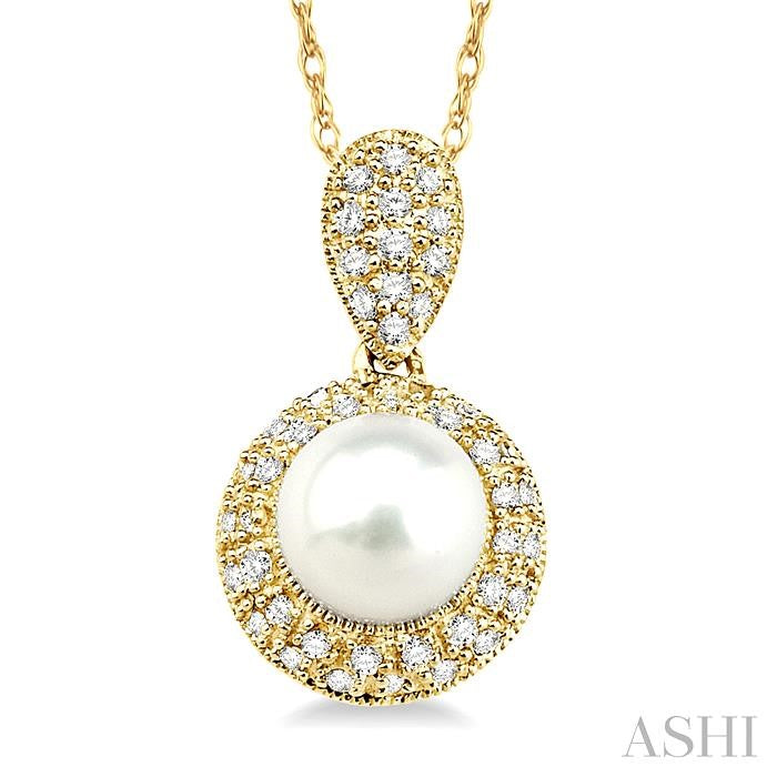 10KT Yellow Gold 6.5MM Pearl with Diamond Halo Pendant .25CTTW