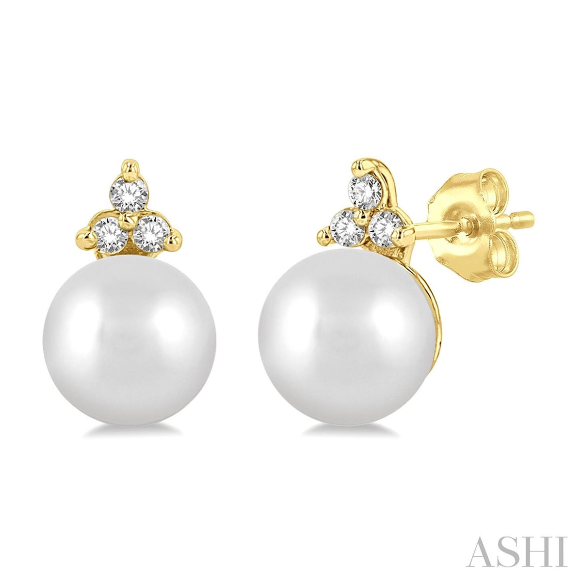 10Kt Yellow Gold Classic Stud Earrings With 5.5mm Akoya Cultured Pearl and Natural Diamonds