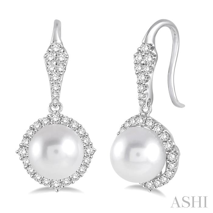 14KT White Gold Pearl Drop Earrings with .65CTTW Diamond Halo