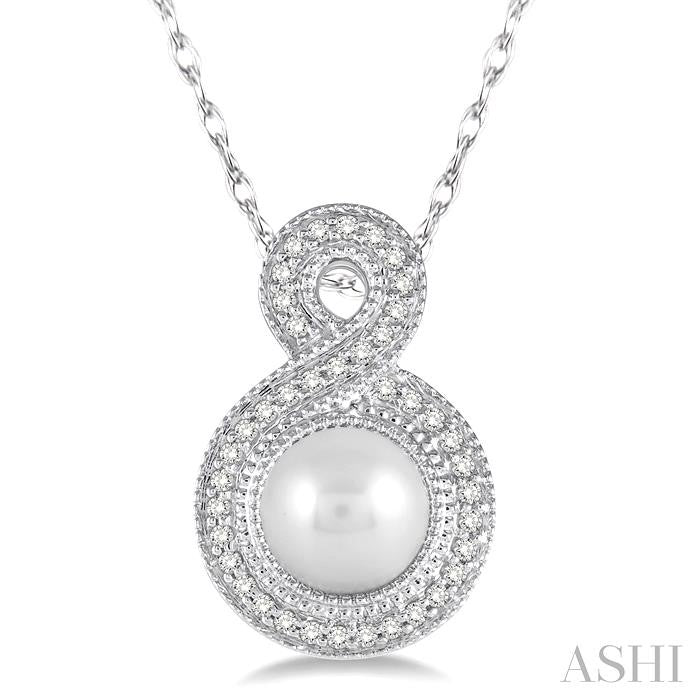 10KT White Gold Pearl and Diamond Halo Pendant .15CTTW