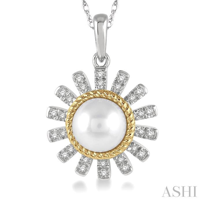 10KT White & Yellow Gold 7x7 Pearl Pendant with Diamond Sunflower Halo .12CTTW