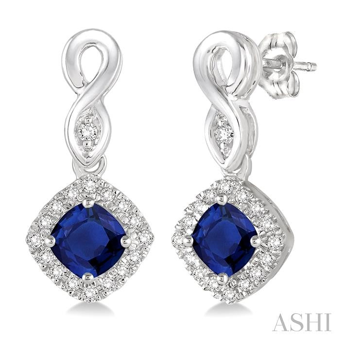 10KT White Gold Sapphire Drop Earrings with .20CTTW Diamond Halo