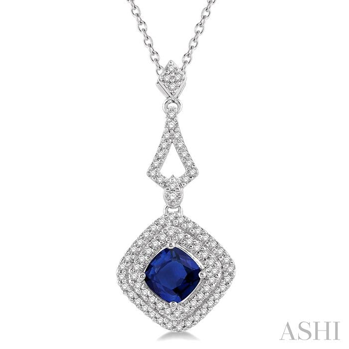 14KT White Gold Sapphire Pendant with Diamond Double Halo .20CTTW