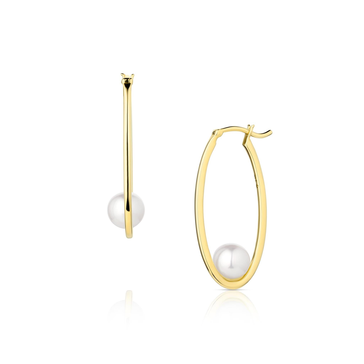 14Kt Yellow Gold Oval Hoop Earrings With 5.5-6 mm Akoya Cultured Pearl