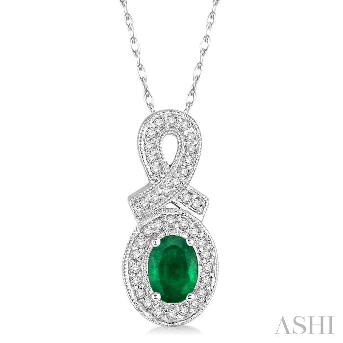 10KT White Gold Emerald Pendant with .20CTTW Diamond Halo