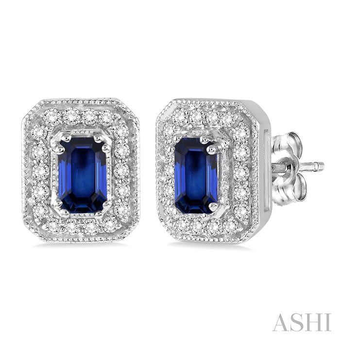 14KT White Gold Emerald Cut Sapphire Earrings with .25CTTW Diamond Halo