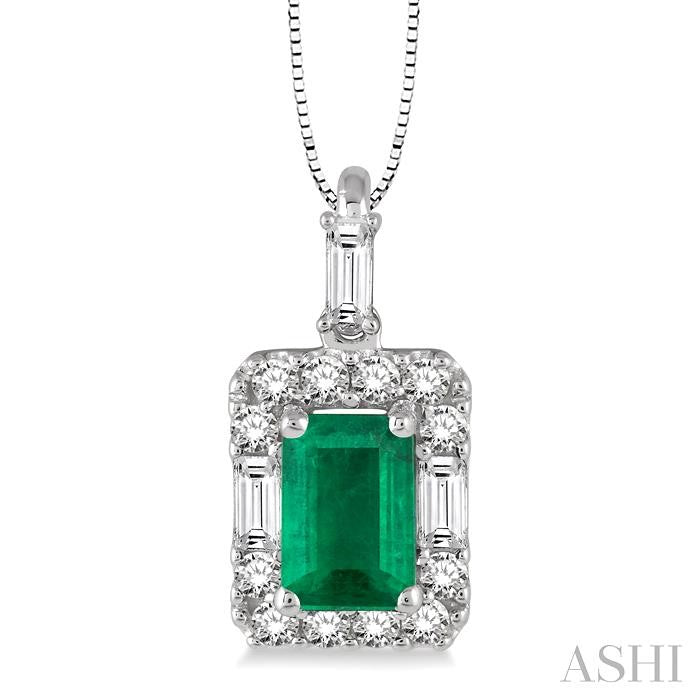 14KT White Gold Octagon Emerald Pendant with .30CTTW Diamond Round and Baguette Halo