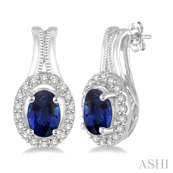 14KT White Gold Oval Sapphire Earrings with .20CTTW Diamond Halo