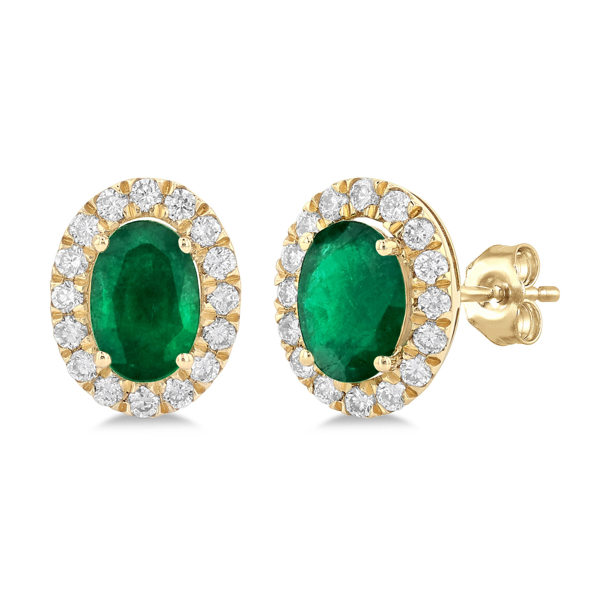 14Kt Yellow Gold Halo Stud Earrings with Oval Emeralds