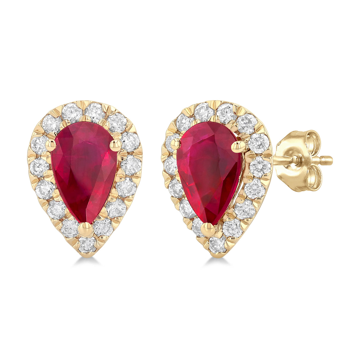 14Kt Yellow Gold Halo Earrings with Pear Shaped Rubies