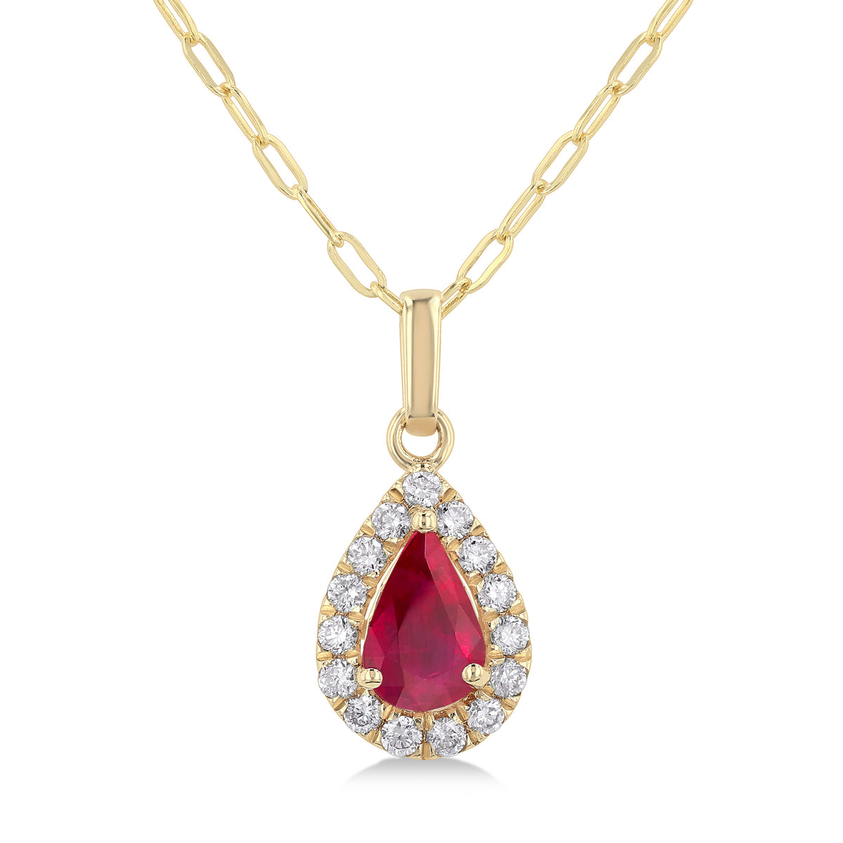 14Kt Yellow Gold Halo Pendant with Pear Shaped Ruby