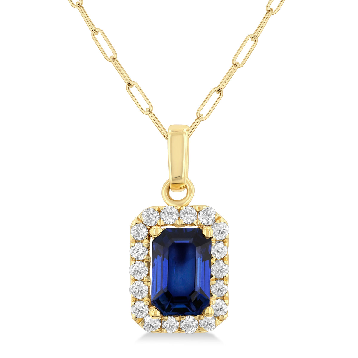 14Kt Yellow Gold Halo Pendant with Emerald Cut Sapphire