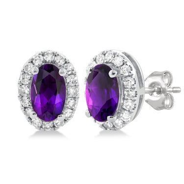 10Kt White Gold Oval Amethyst & Diamond Halo Stud Earrings