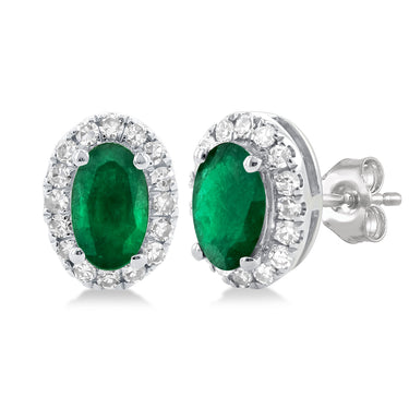 10Kt White Gold Oval Halo Stud Earrings with 5x3mm Emeralds, 32 Natural Diamonds totalling .13cttw (Color I-J, Clarity I1), and Locking Friction Backs