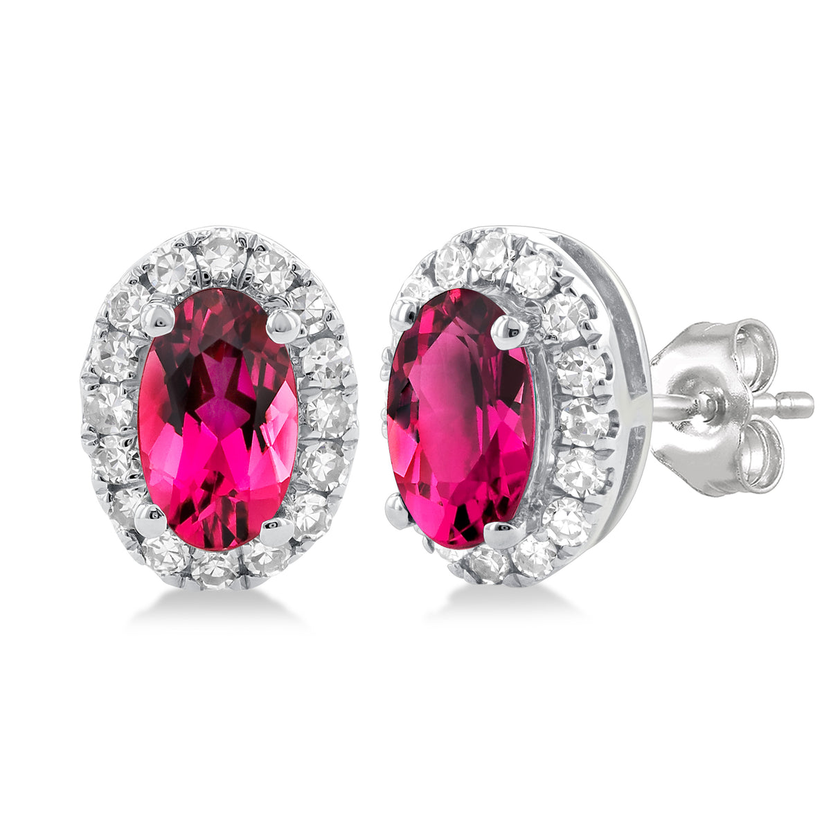 10Kt White Gold Oval Pink Tourmaline & Diamond Halo Stud Earrings
