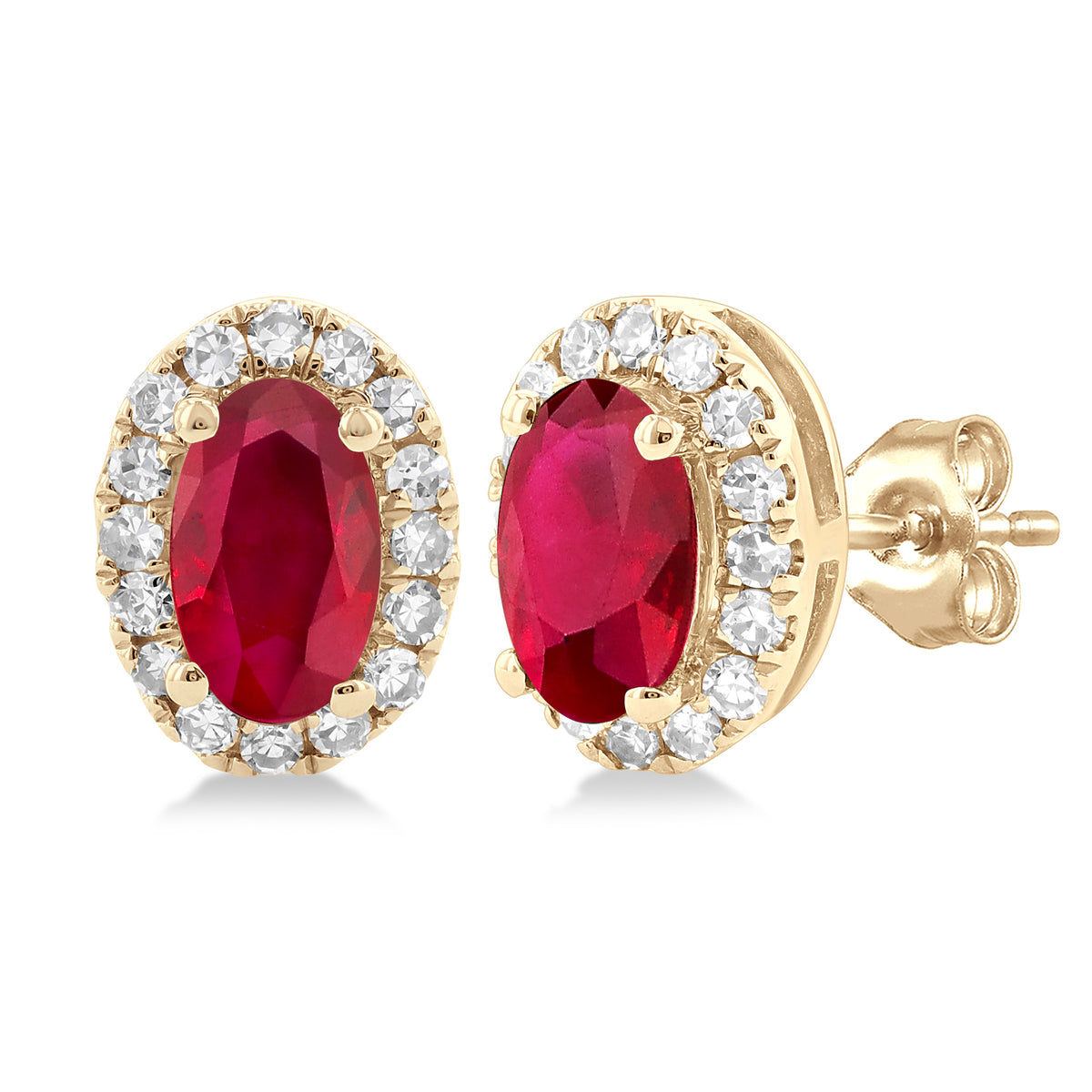 10Kt Yellow Gold Oval Ruby & Diamond Halo Stud Earrings