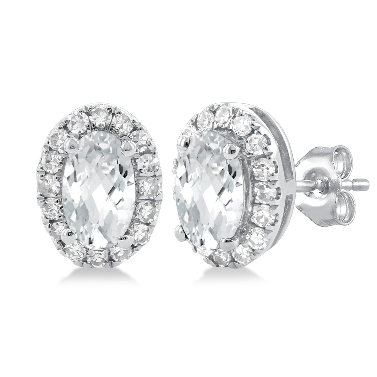 10Kt White Gold Oval White Topaz & Diamond Halo Stud Earrings