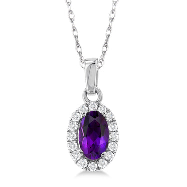 10Kt White Gold Halo Birthstone Pendant with 5x3mm Oval Amethyst and .07cttw Natural Diamonds (Color H-I, Clarity SI2)  on an 18" Chain